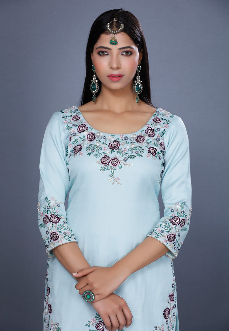 Sky Blue Silk Pakistani Suit