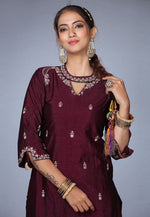 Load image into Gallery viewer, Wine Raw Silk Patiala Suit
