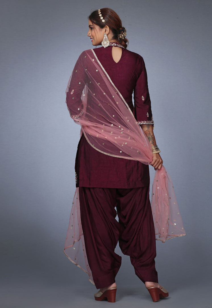 Wine Raw Silk Patiala Suit