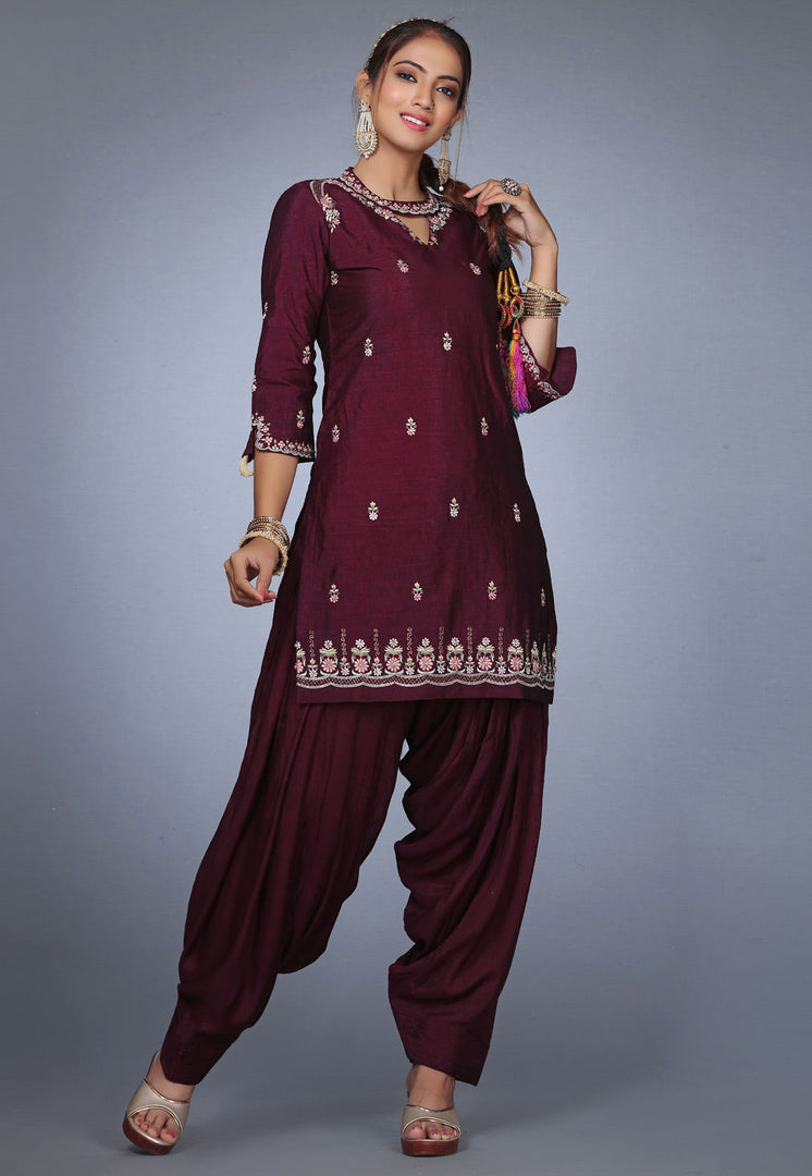 Wine Raw Silk Patiala Suit