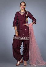 Load image into Gallery viewer, Wine Raw Silk Patiala Suit
