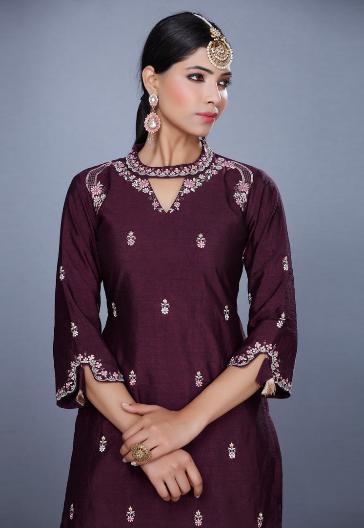Wine Raw Silk Pakistani Suit
