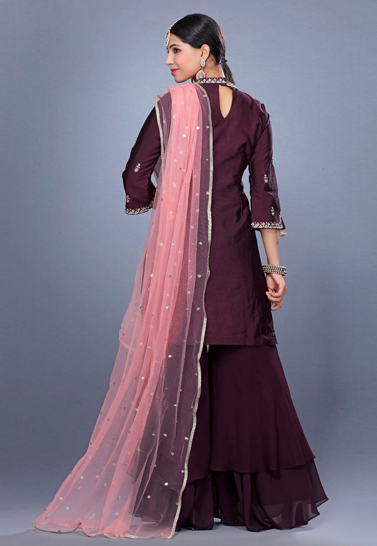 Wine Raw Silk Pakistani Suit