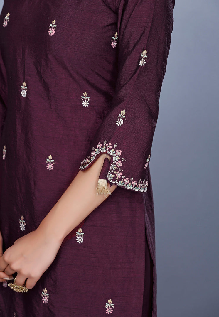 Wine Raw Silk Pakistani Suit