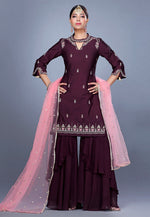 Load image into Gallery viewer, Wine Raw Silk Pakistani Suit
