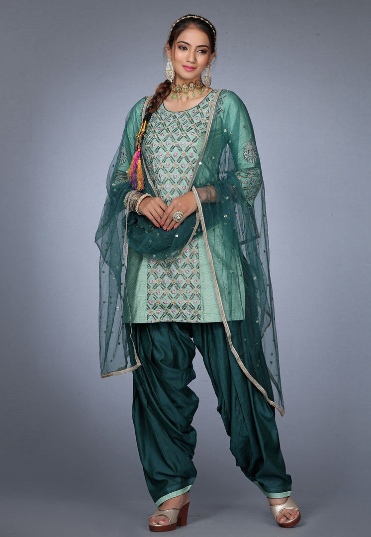 Sea Green Raw Silk Punjabi Suit