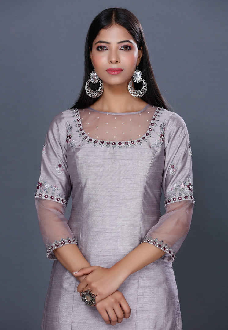Grey Raw Silk Sharara Suit