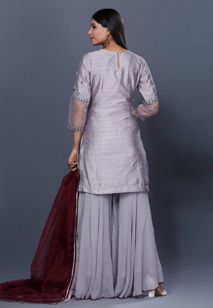 Grey Raw Silk Sharara Suit