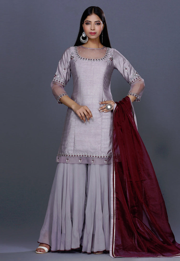 Grey Raw Silk Sharara Suit