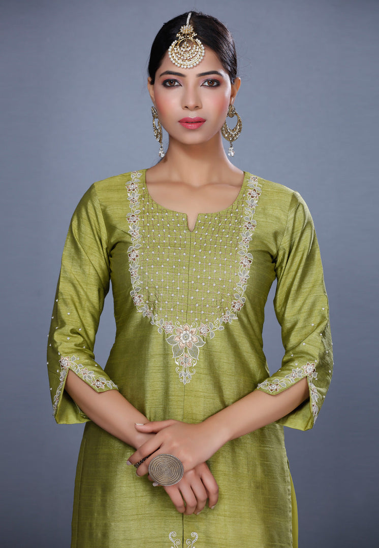 Light Green Raw Silk Pakistani Salwar Kameez