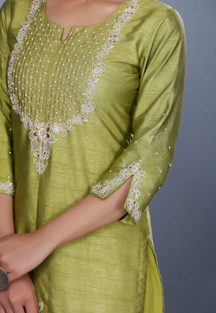 Light Green Raw Silk Pakistani Salwar Kameez