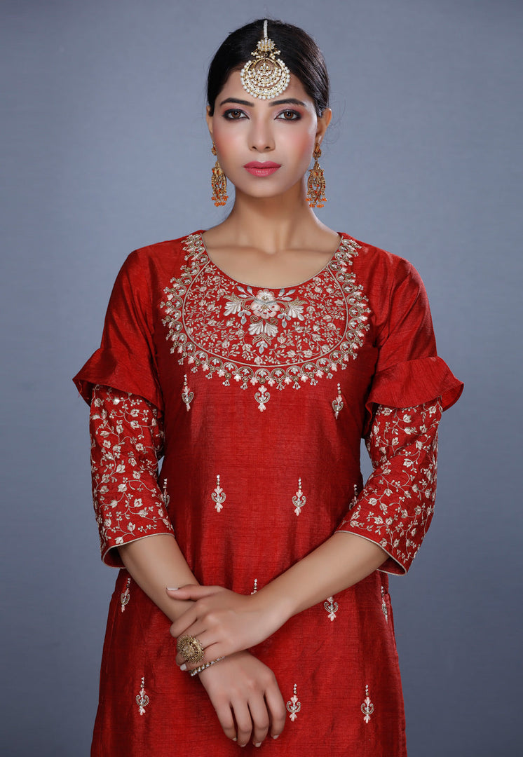 Red Raw Silk Sharara Suit