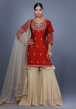 Load image into Gallery viewer, Red Raw Silk Sharara Suit
