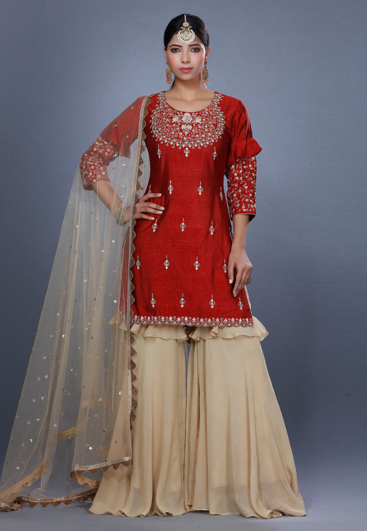Red Raw Silk Sharara Suit