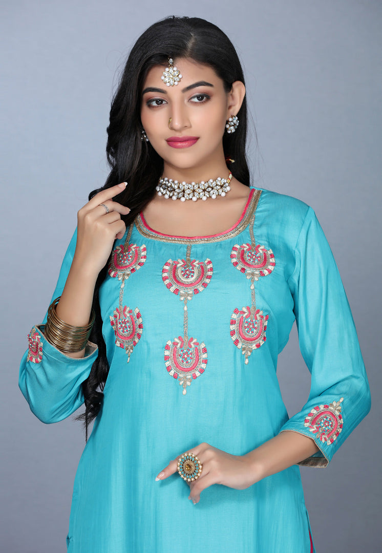 Sky Blue Art Silk Handwork Patiala Suit