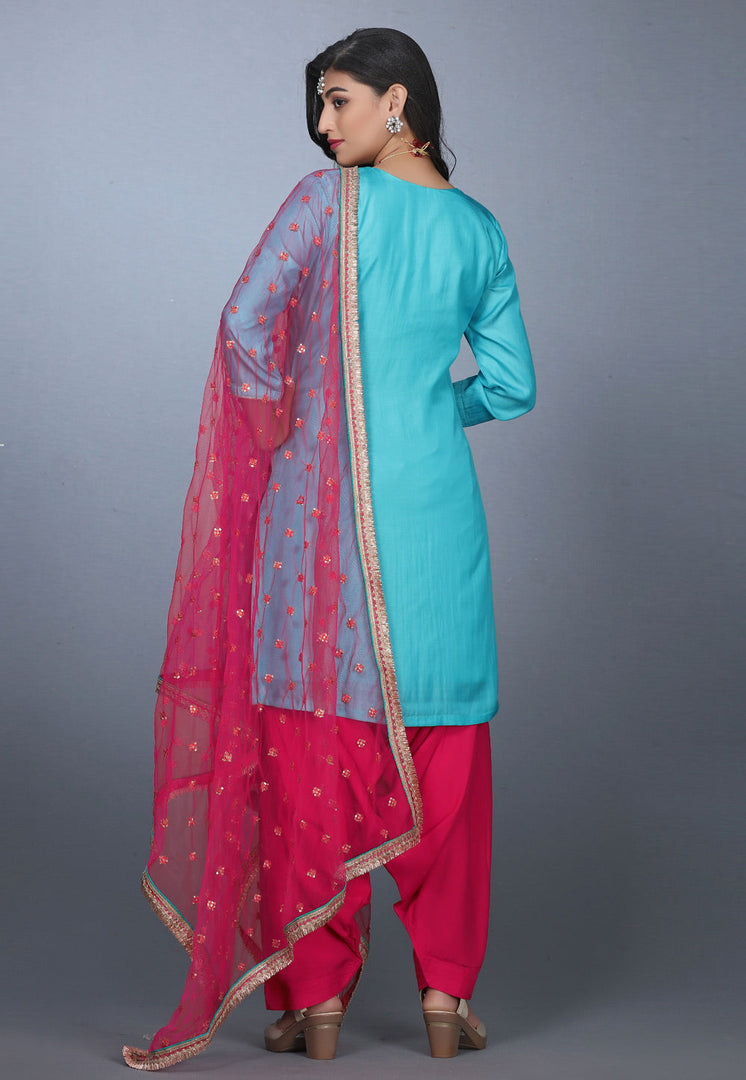 Sky Blue Art Silk Handwork Patiala Suit