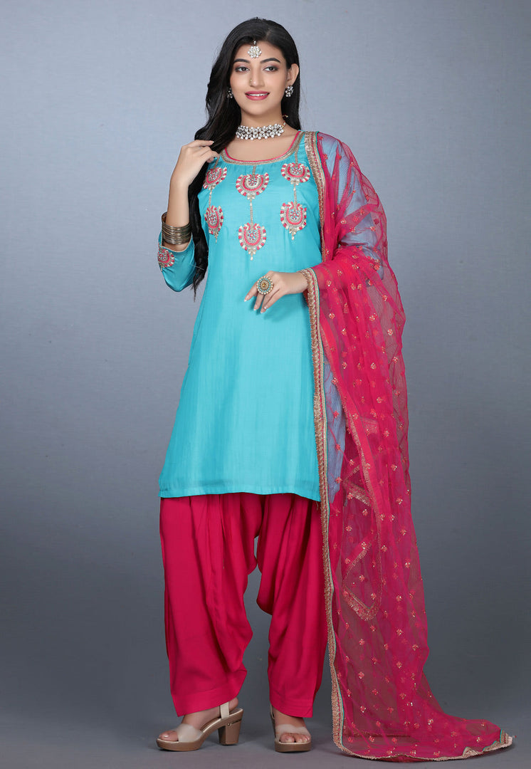 Sky Blue Art Silk Handwork Patiala Suit