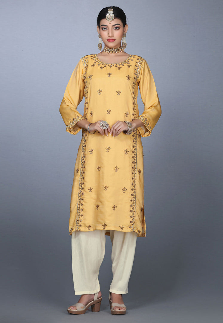 Golden Art Silk Handwork Punjabi Suit