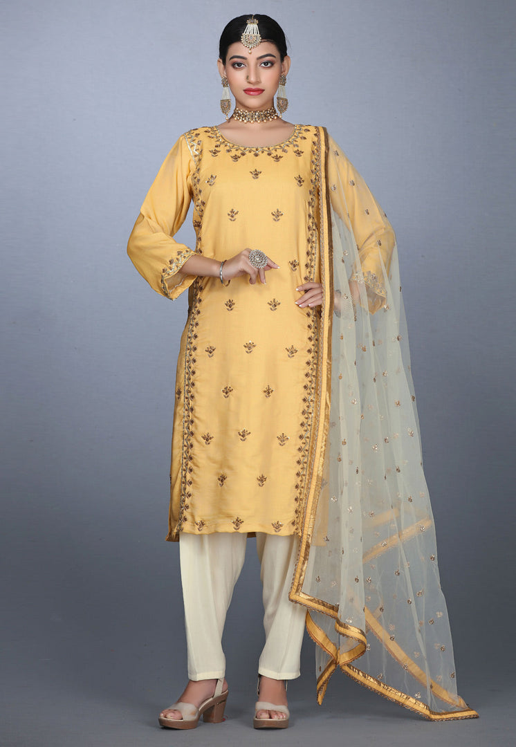 Golden Art Silk Handwork Punjabi Suit