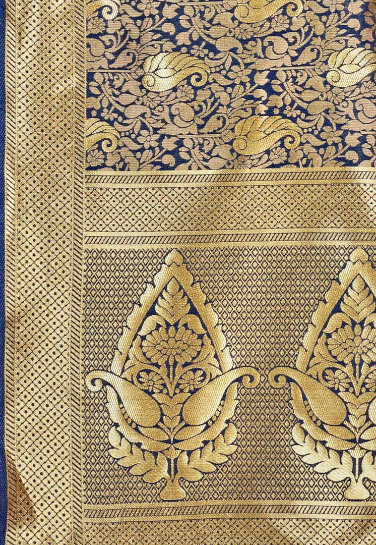 Navy Blue Banarasi Silk Saree With Blouse
