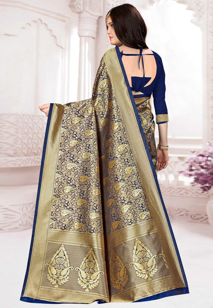 Navy Blue Banarasi Silk Saree With Blouse