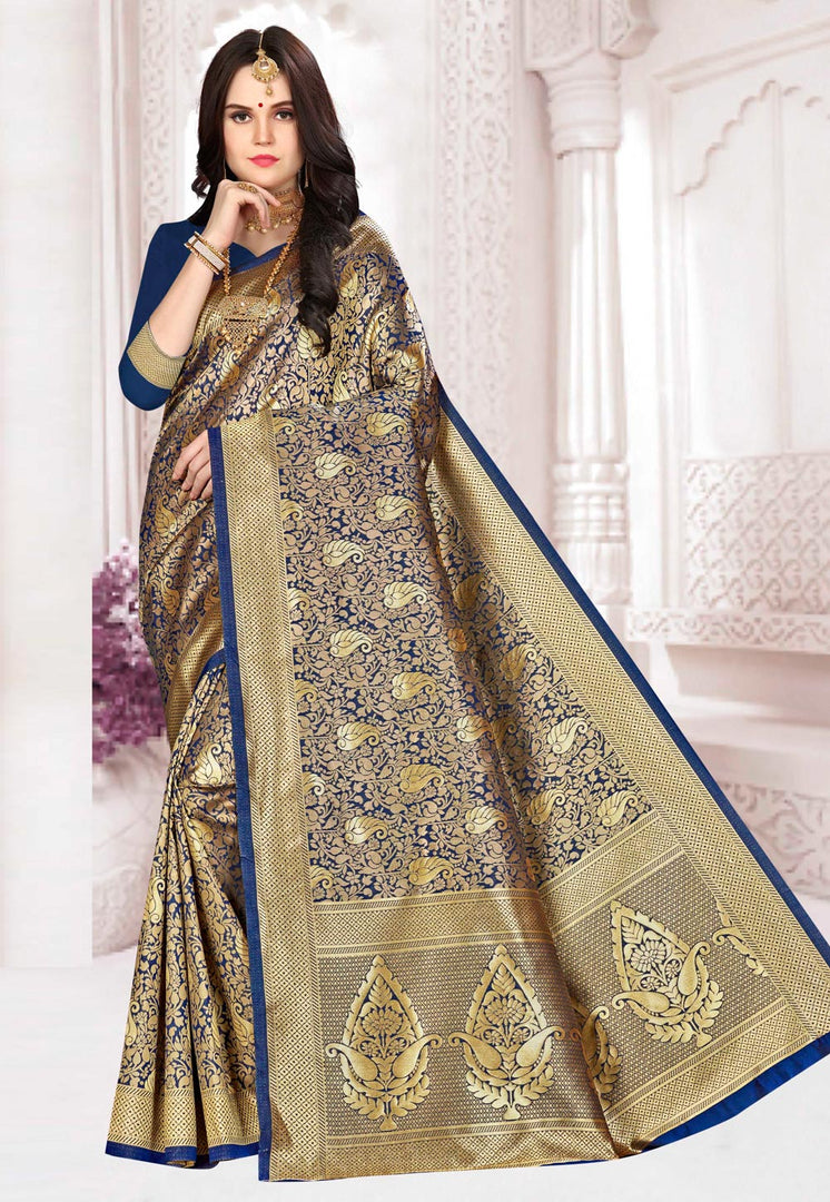 Navy Blue Banarasi Silk Saree With Blouse