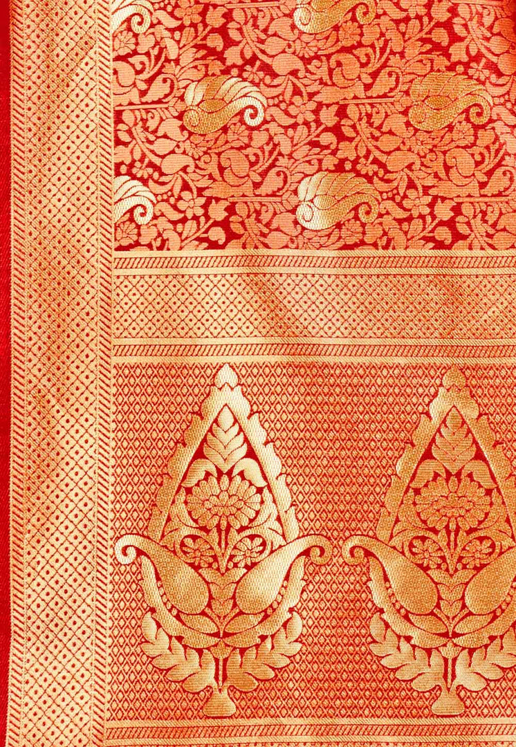 Red Banarasi Silk Saree With Blouse