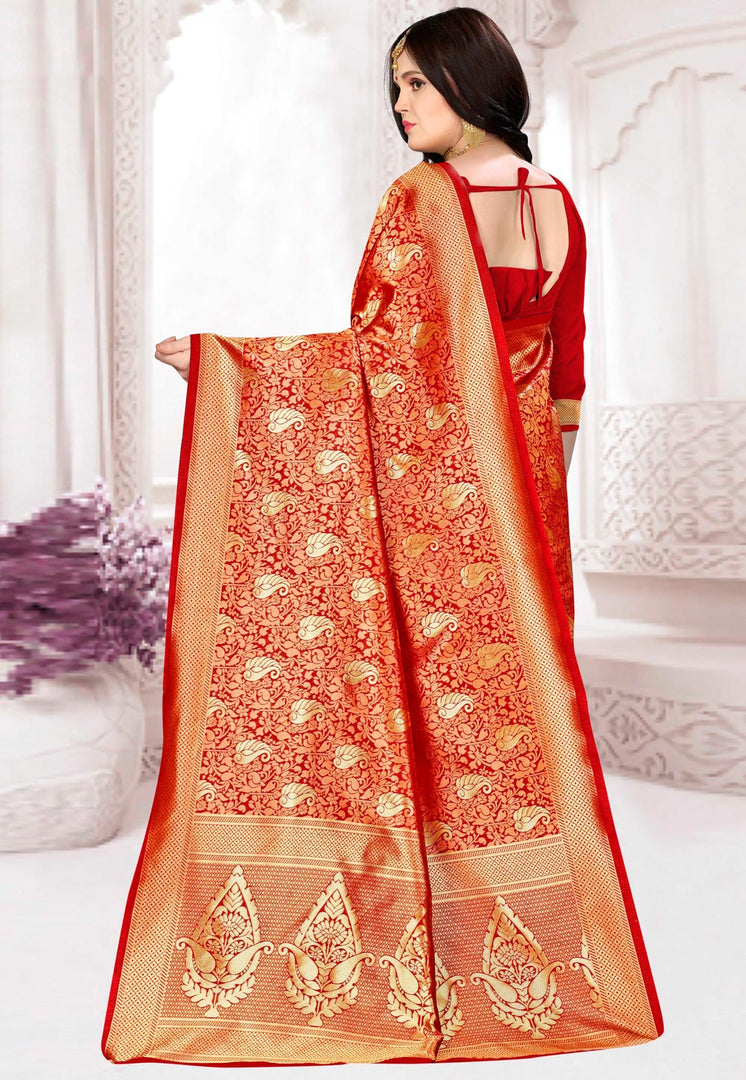 Red Banarasi Silk Saree With Blouse