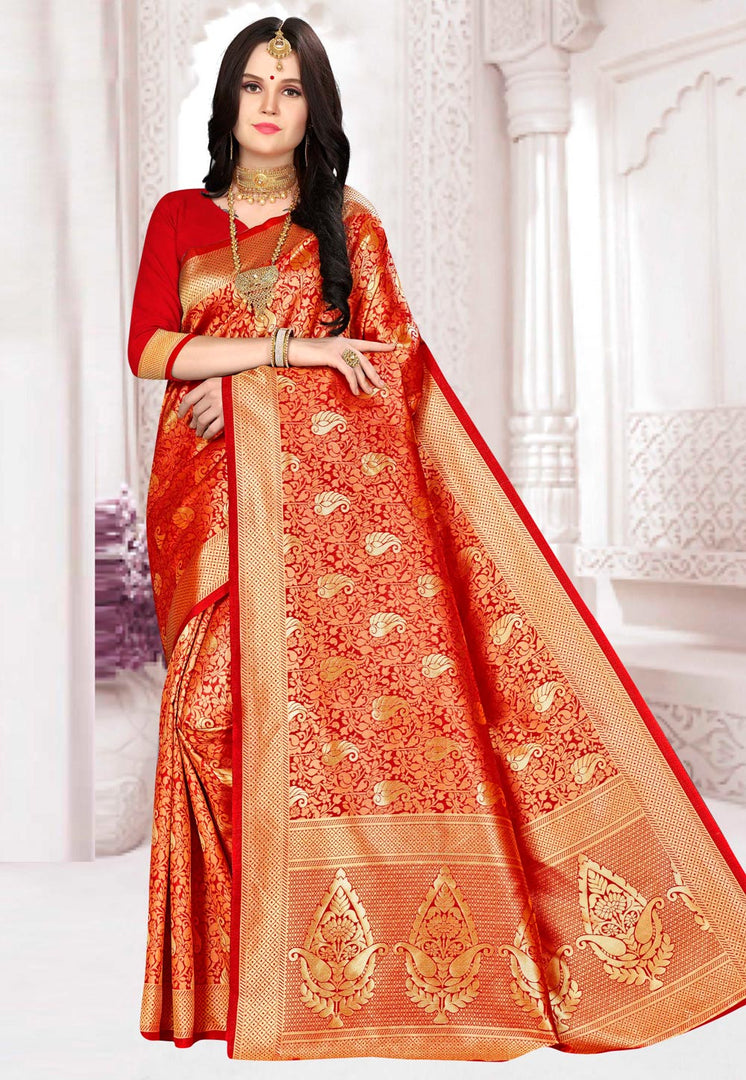 Red Banarasi Silk Saree With Blouse