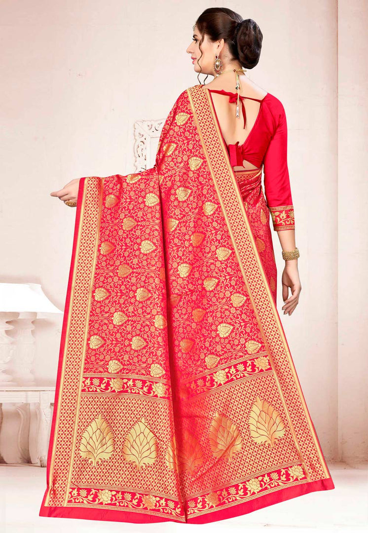 Red Banarasi Silk Saree With Blouse