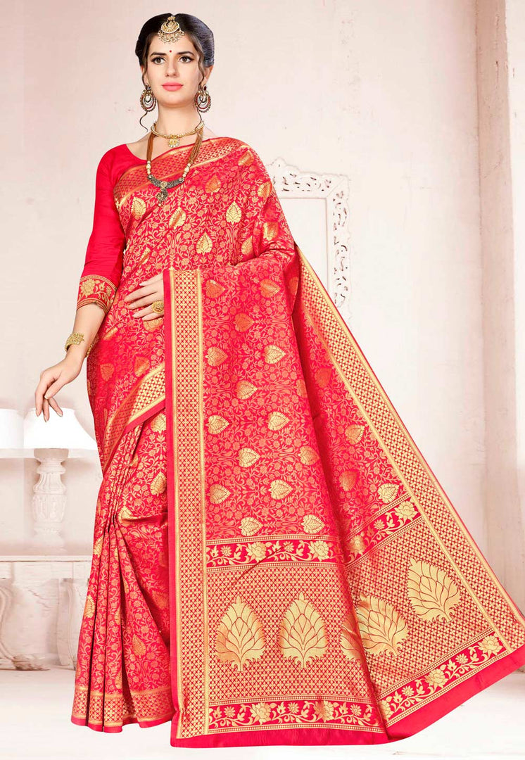 Red Banarasi Silk Saree With Blouse