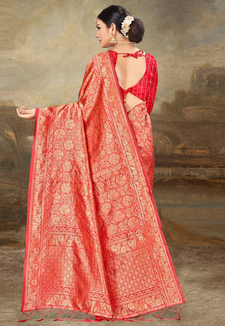 Red Banarasi Silk Saree With Blouse