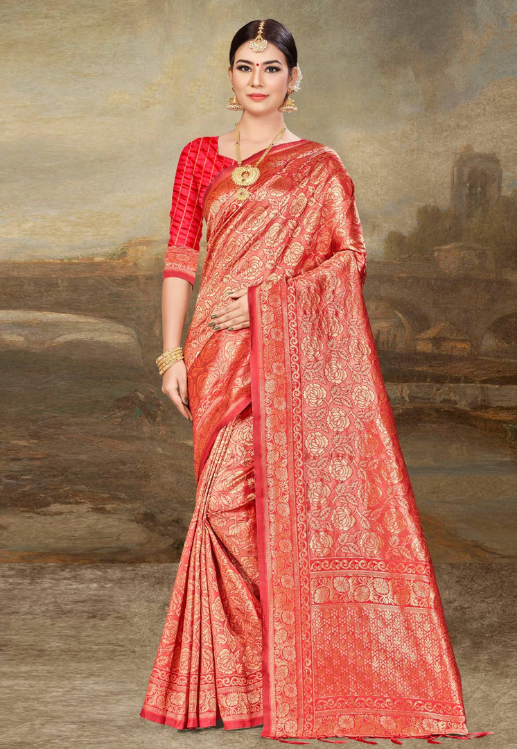 Red Banarasi Silk Saree With Blouse