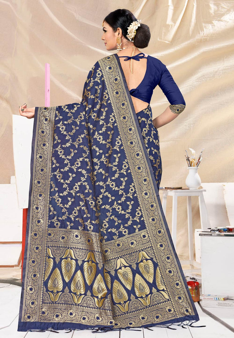 Navy Blue Banarasi Silk Festival Wear Saree