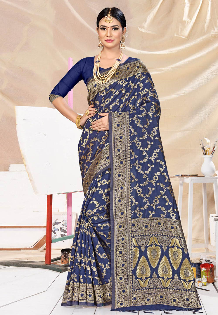 Navy Blue Banarasi Silk Festival Wear Saree