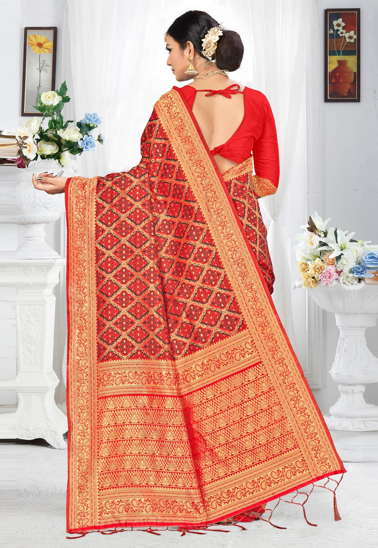 Red Banarasi Silk Saree With Blouse