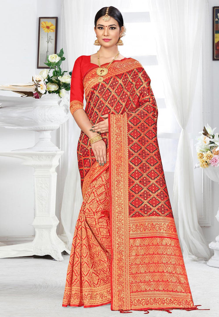 Red Banarasi Silk Saree With Blouse