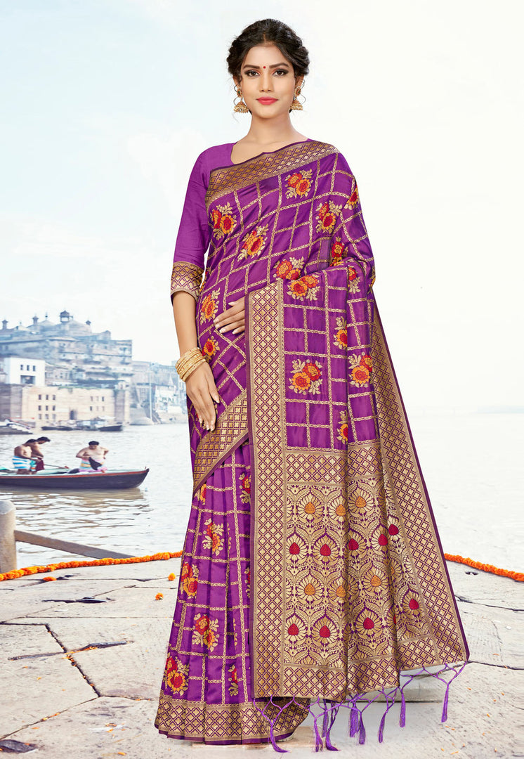Violet Banarasi Silk Saree With Blouse