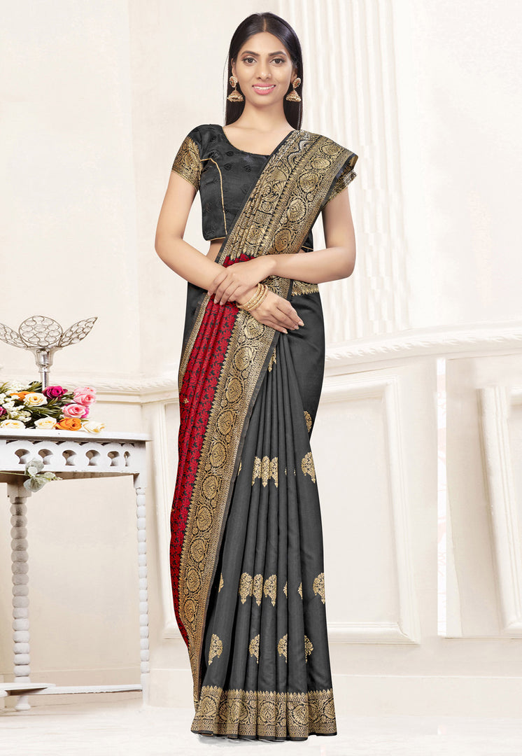 Red Banarasi Silk Half N Half Saree