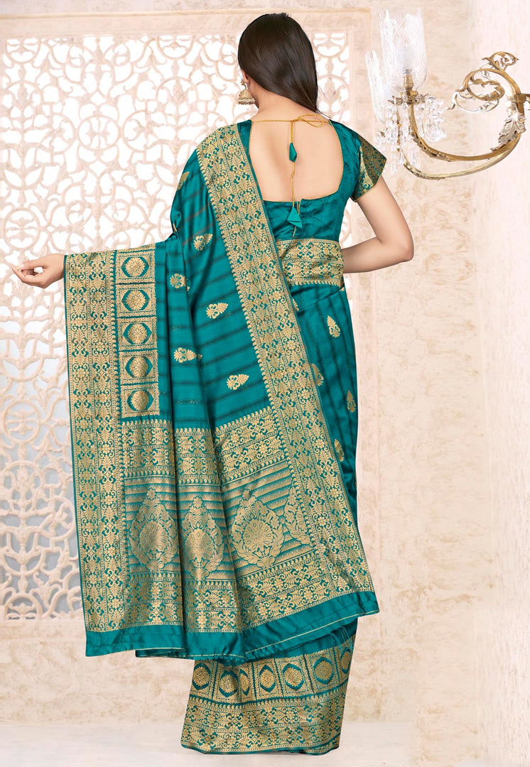 Teal Banarasi Silk Saree With Blouse