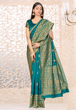 Load image into Gallery viewer, Teal Banarasi Silk Saree With Blouse