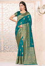 Load image into Gallery viewer, Teal Banarasi Silk Saree With Blouse