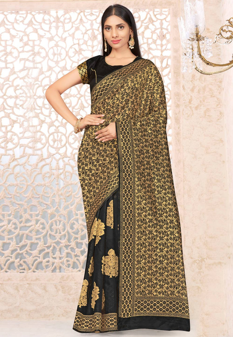 Black Banarasi Silk Saree With Blouse