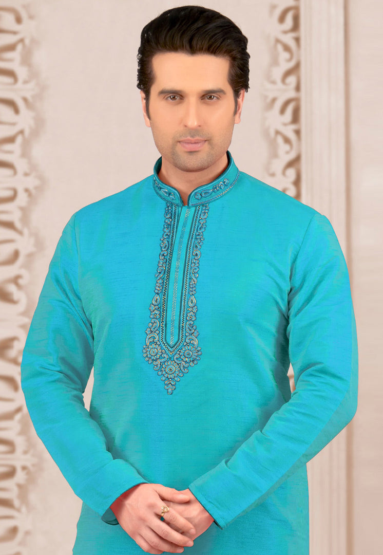 Aqua Dupion Silk Kurta Pajama