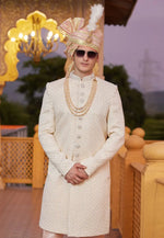 Load image into Gallery viewer, Beige Art Silk Achkan Style Sherwani With Stole
