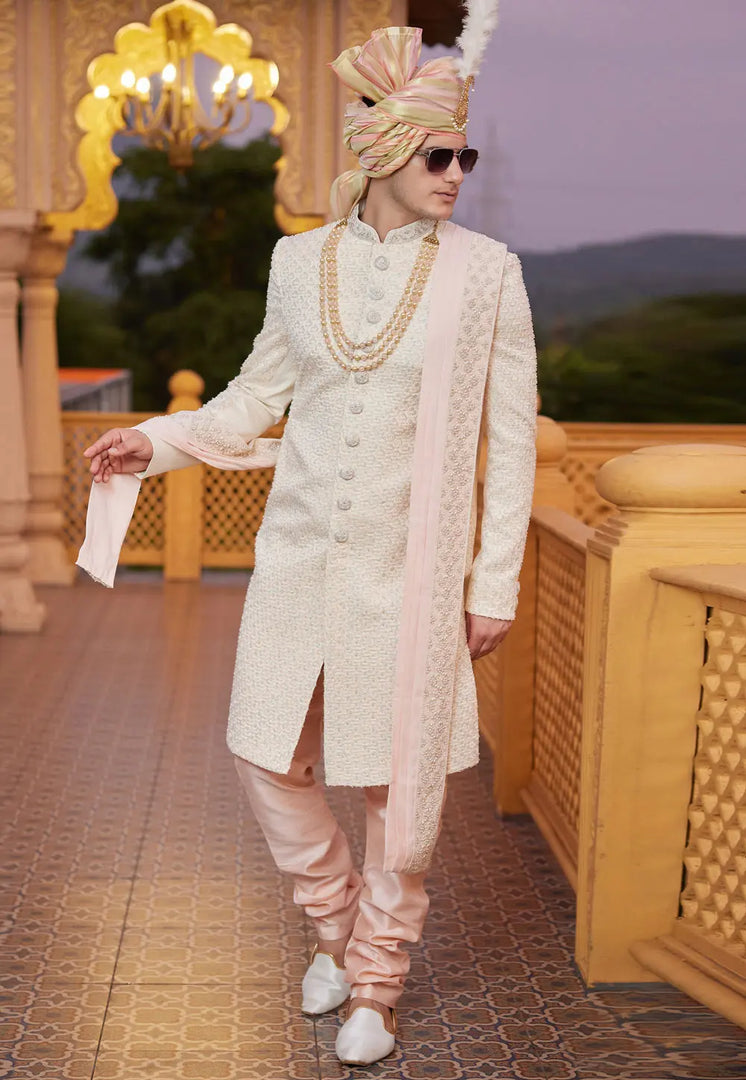 Beige Art Silk Achkan Style Sherwani With Stole