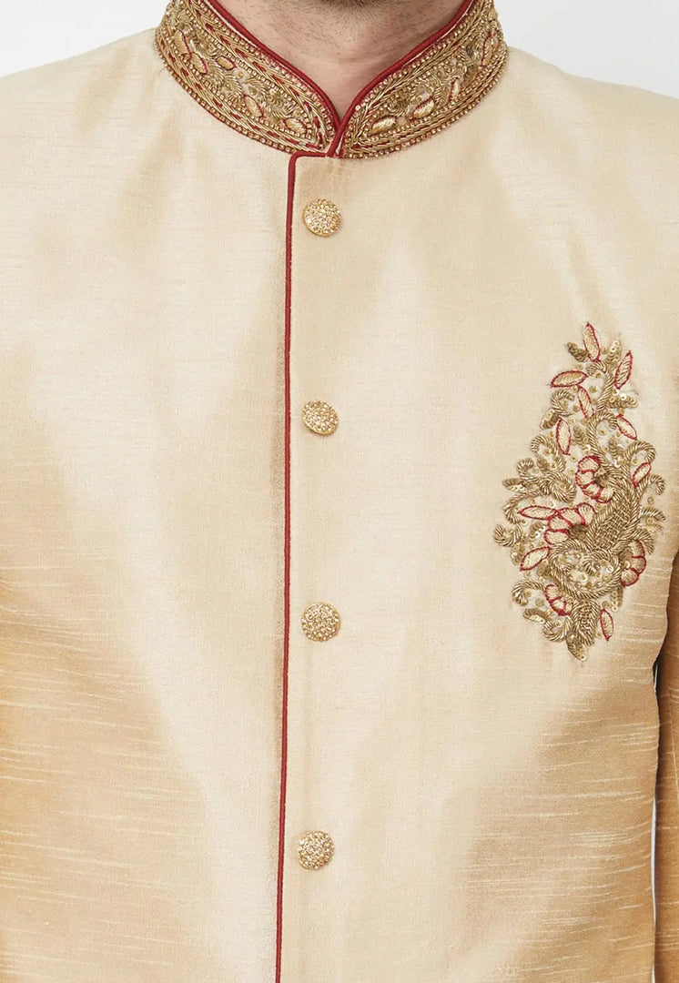 Beige Art Silk Dhoti Sherwani