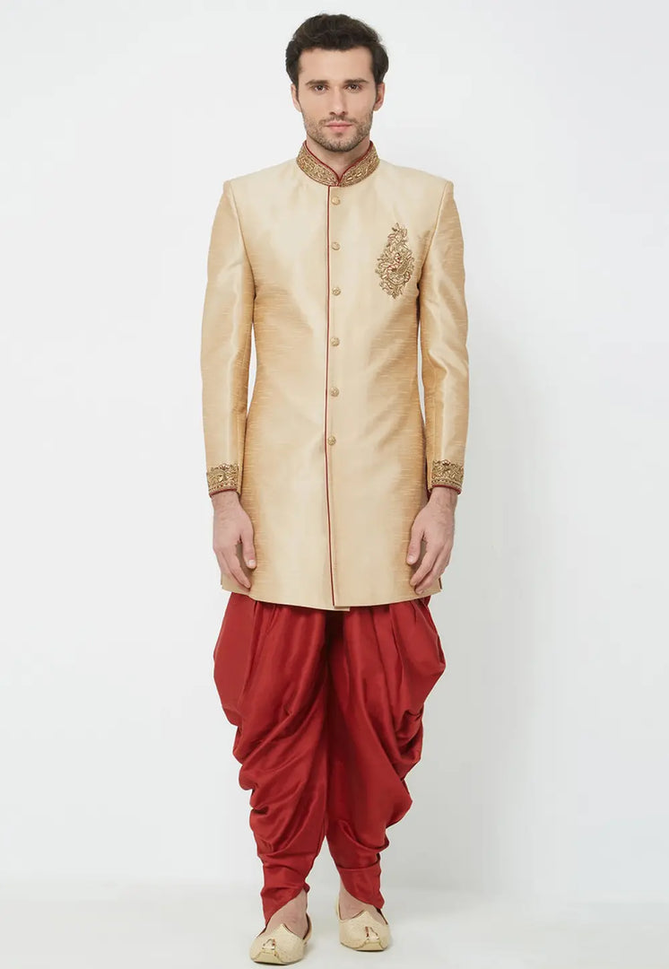 Beige Art Silk Dhoti Sherwani