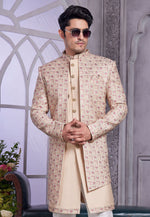 Load image into Gallery viewer, Beige Art Silk Jacket Style Sherwani
