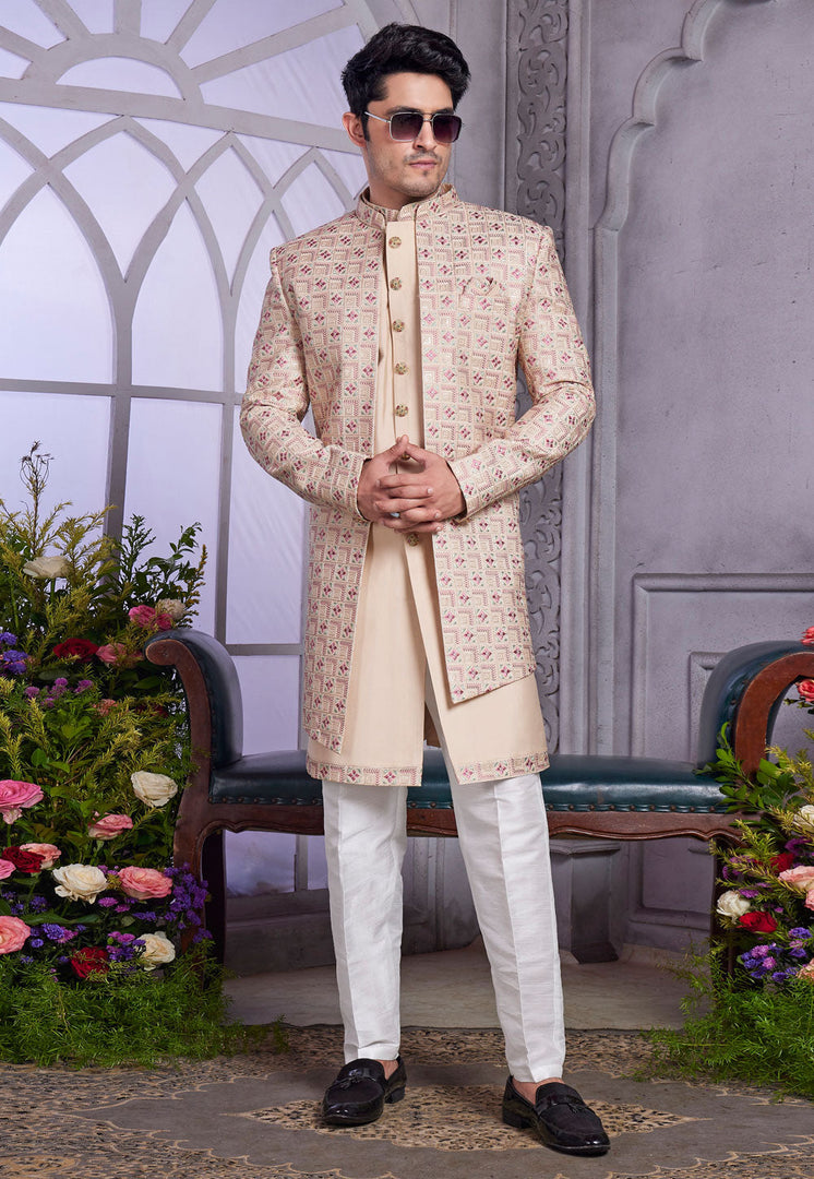 Beige Art Silk Jacket Style Sherwani